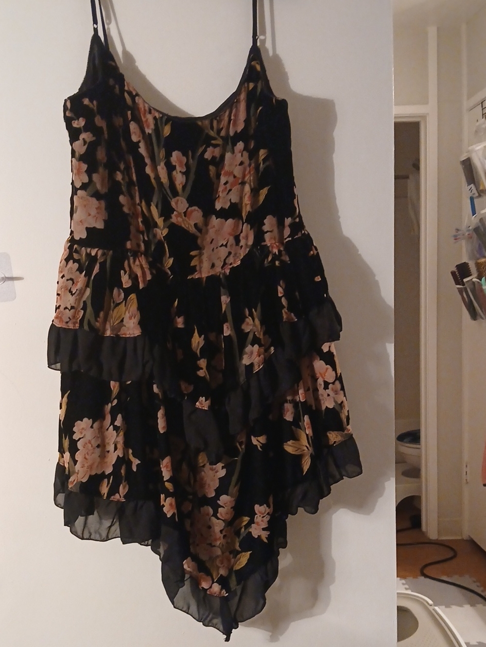NWOT Dolls Kill Black Velvet Asymmetrical Tiered Slip Dress with Pink Blossoms